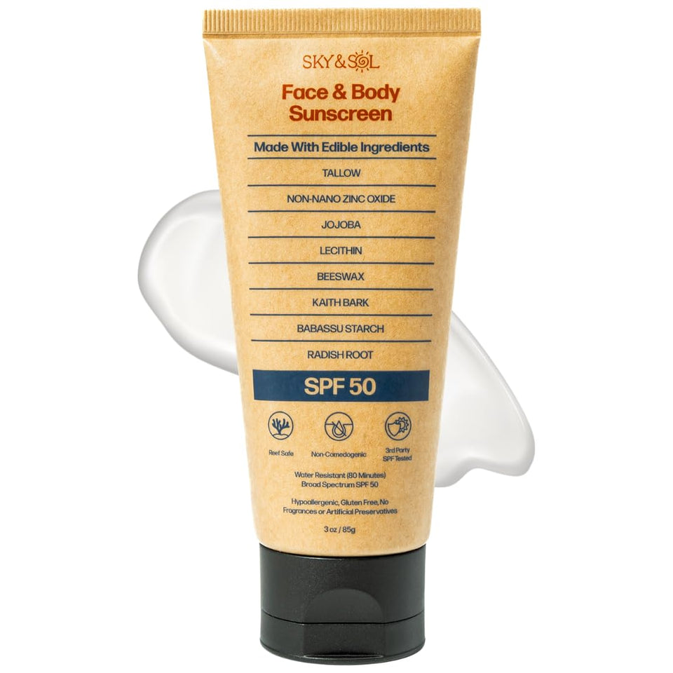 Sky and Sol front packaging showing 3 oz tube and SPF 50 protection