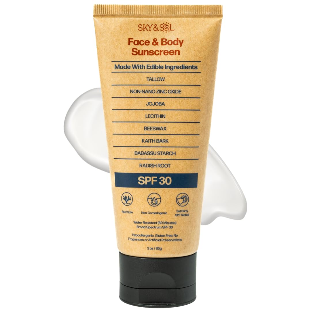 Sky and Sol front tube showing label and 3 oz size, highlights reef-safe benefit