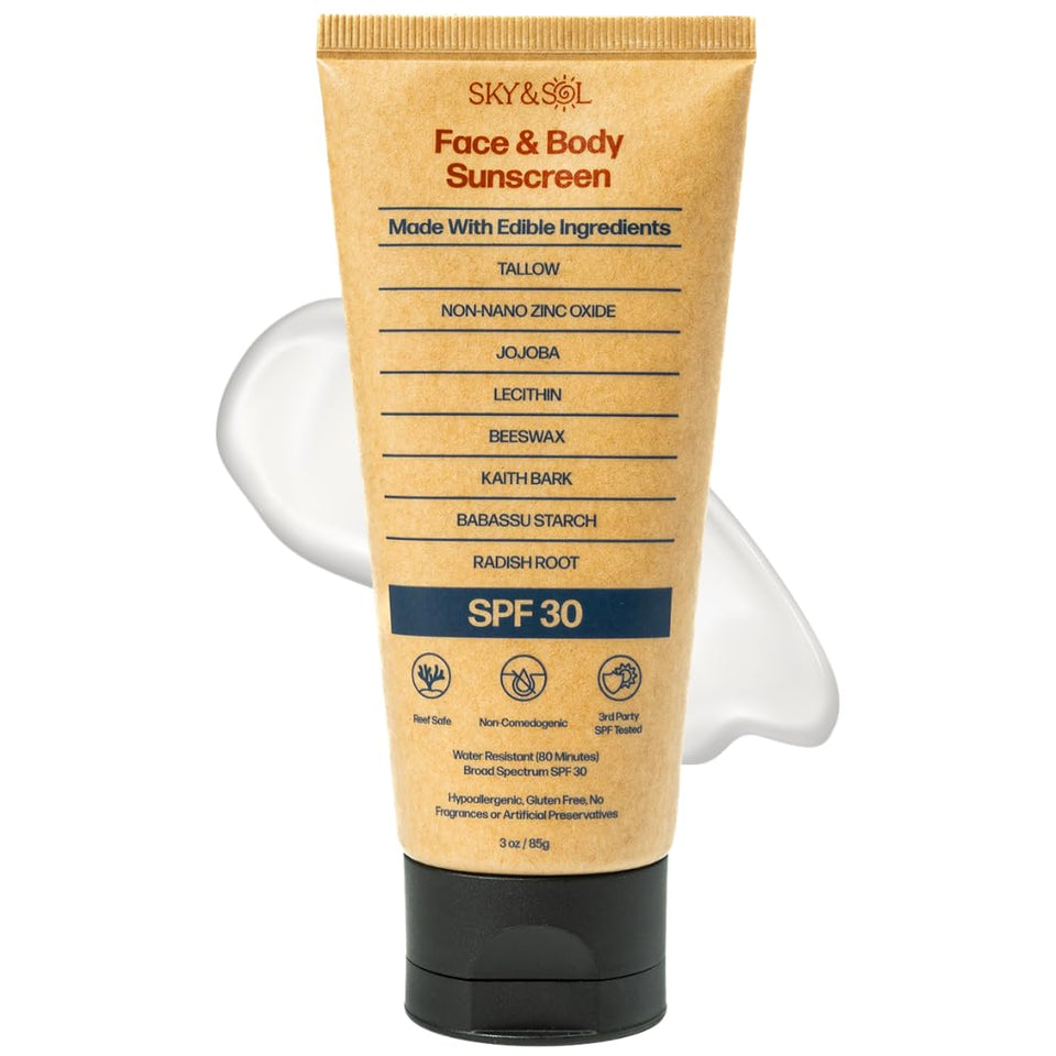 Sky and Sol front tube showing label and 3 oz size, highlights reef-safe benefit