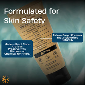 Sky and Sol tube on beach towel with ocean backdrop, shows reef-conscious outdoor protection