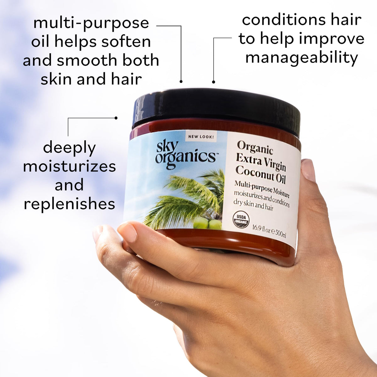 Sky Organics massaged onto forearm illustrating skin hydration and lightweight absorption