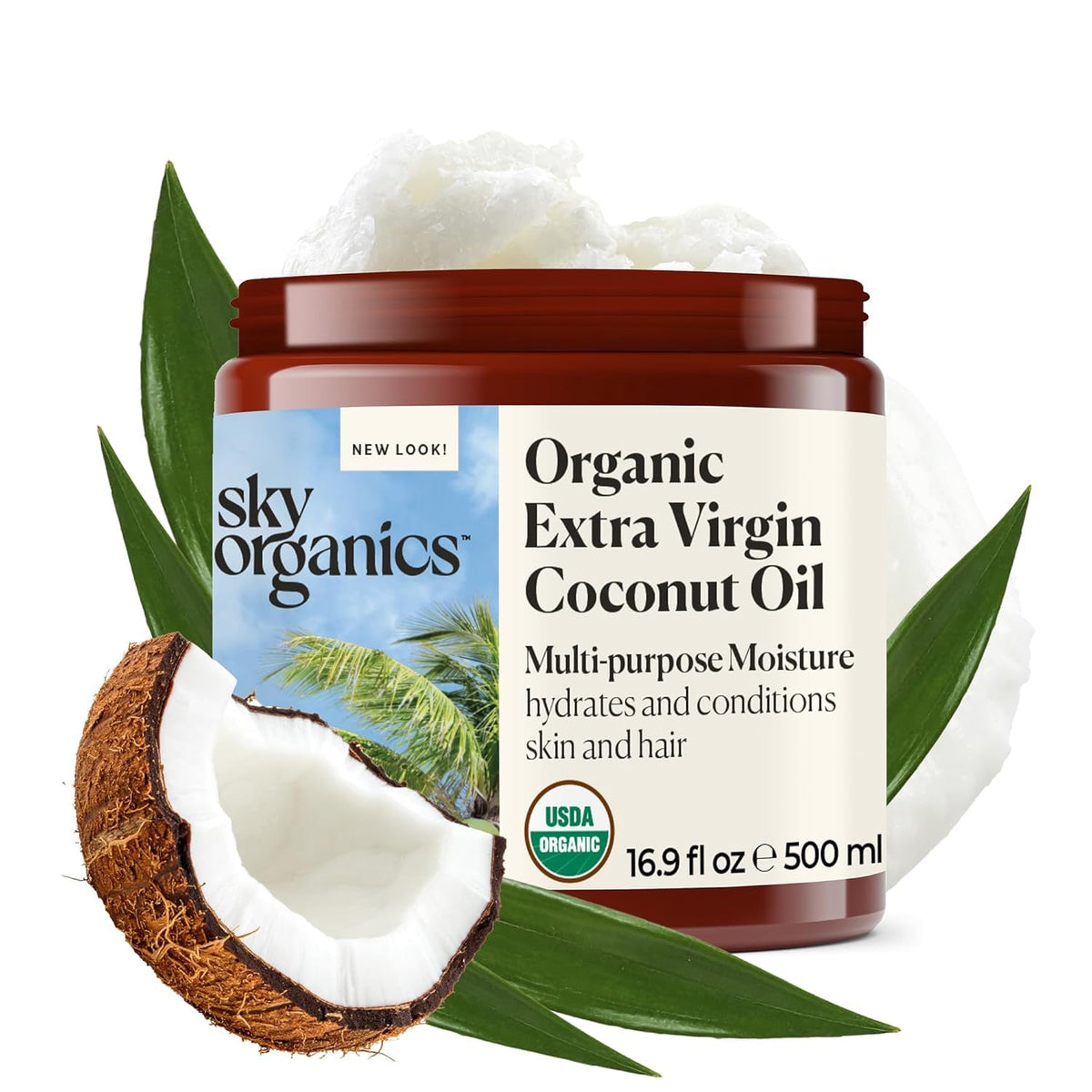 Sky Organics jar front view showing brand and pure coconut oil for versatile moisturizing