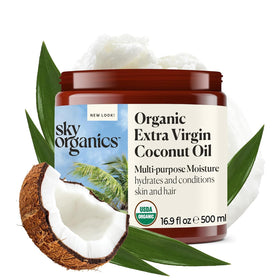 Sky Organics jar front view showing brand and pure coconut oil for versatile moisturizing