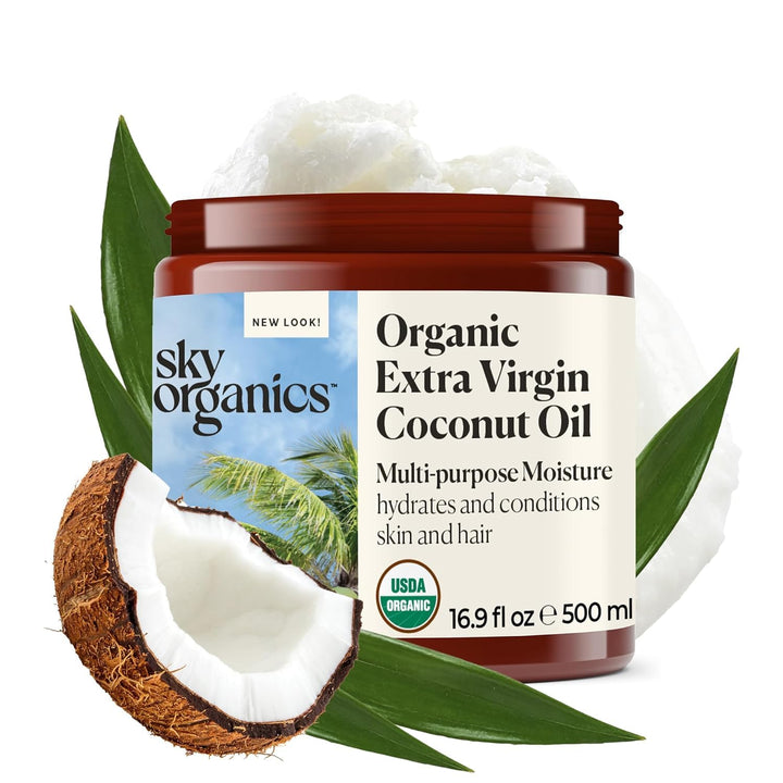 Sky Organics jar front view showing brand and pure coconut oil for versatile moisturizing