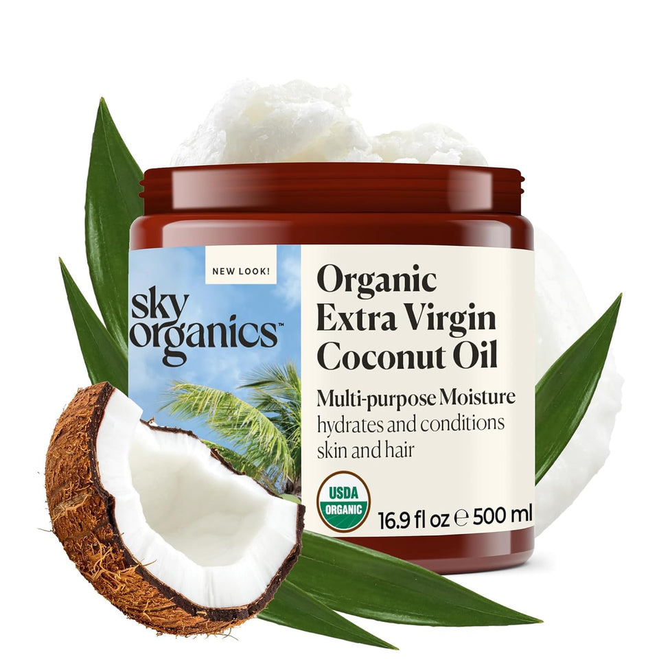 Sky Organics jar front view showing brand and pure coconut oil for versatile moisturizing