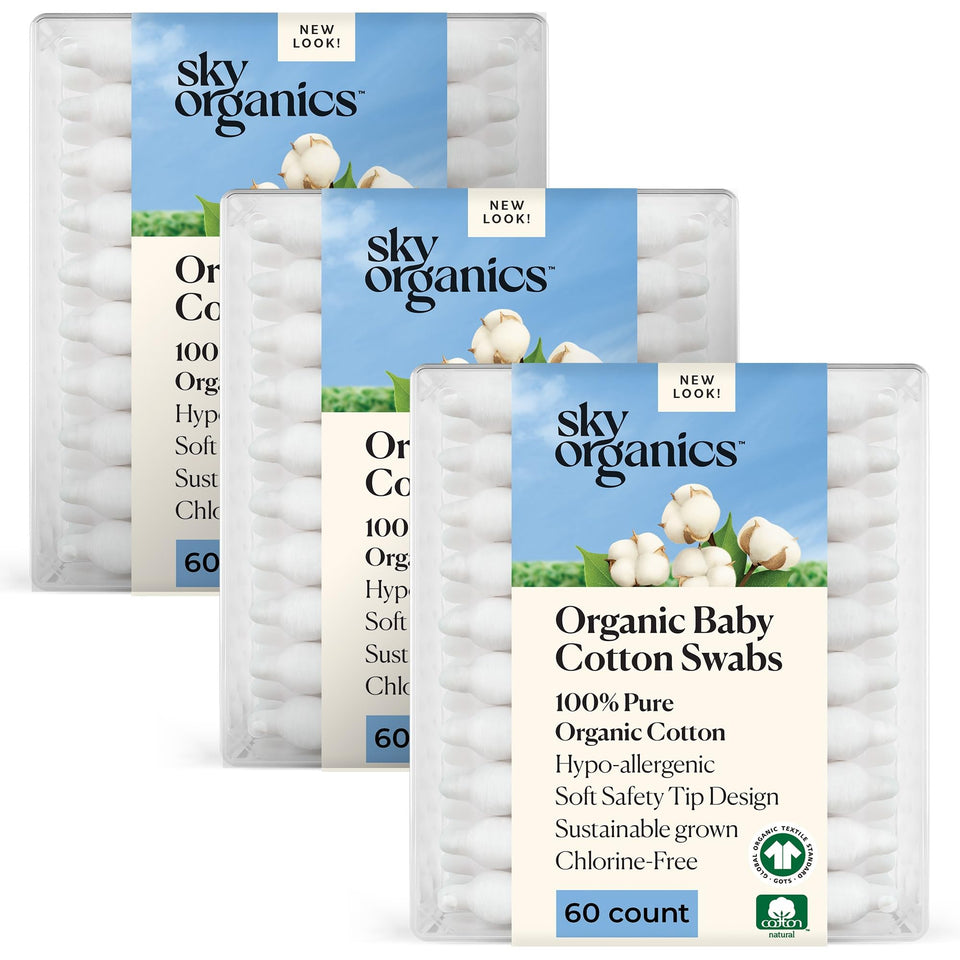 Sky Organics front packaging showing 180-count baby swabs and benefits