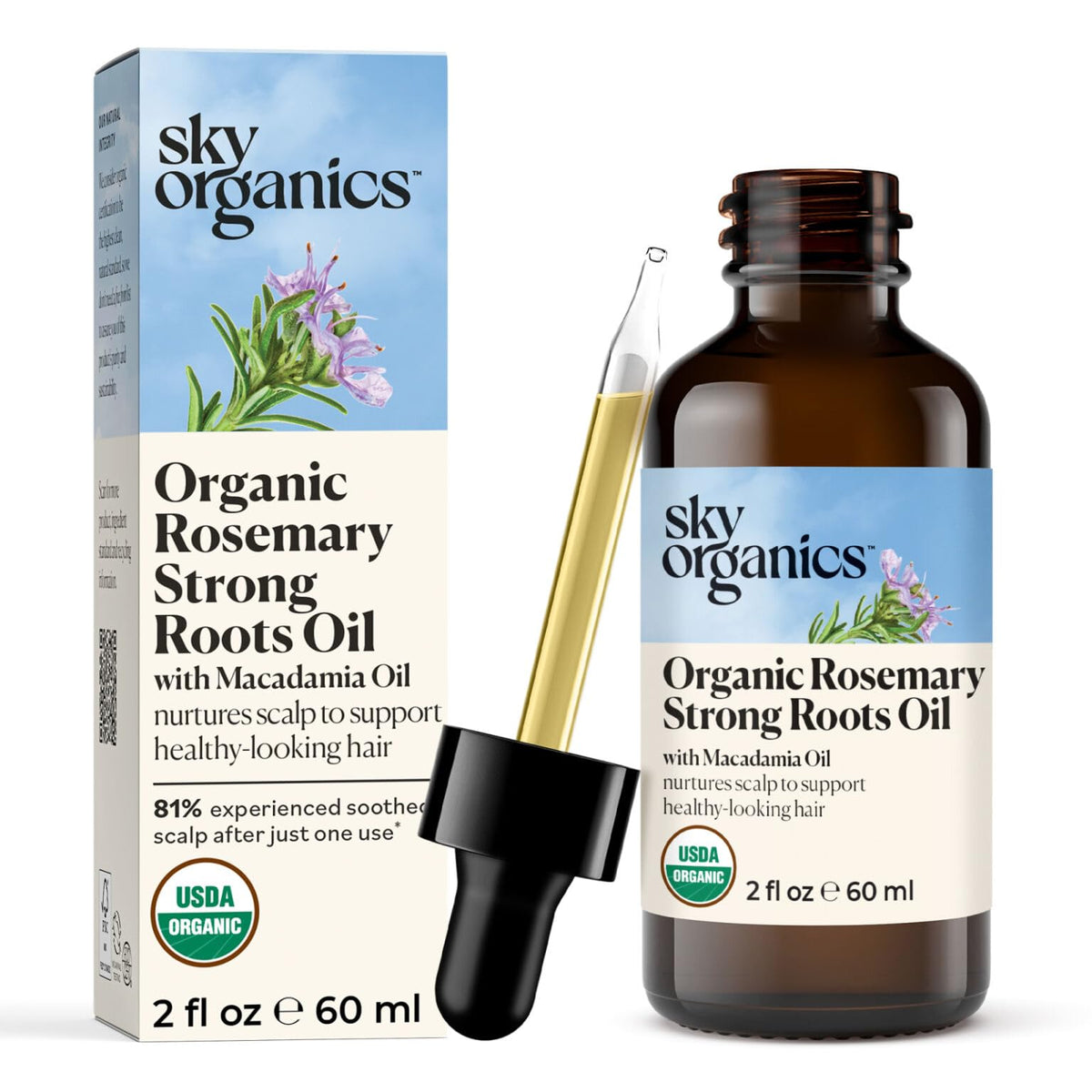 Sky Organics front bottle view showing organic rosemary oil and benefits