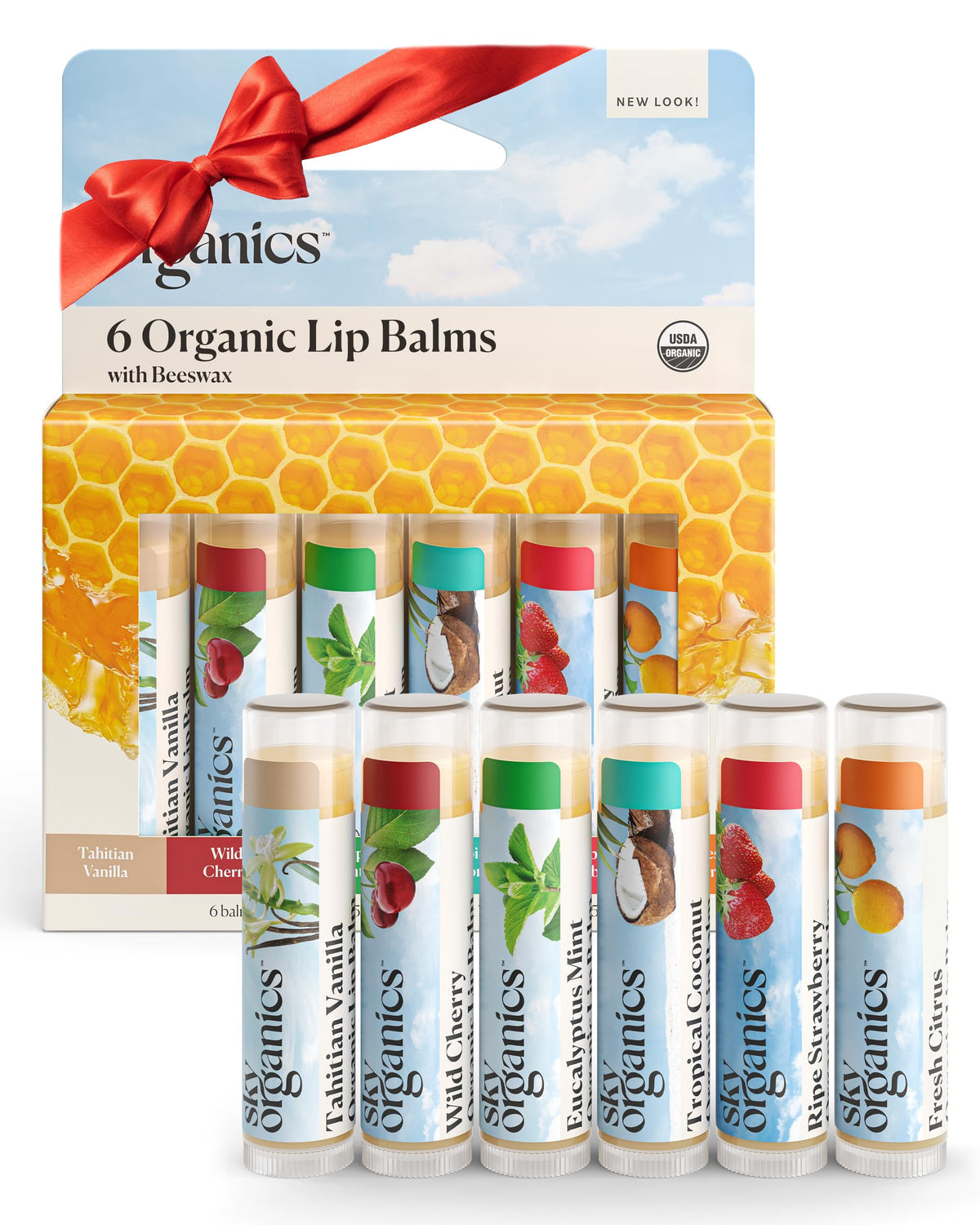 Sky Organics front packaging showing six assorted organic lip balms and flavors for giftability