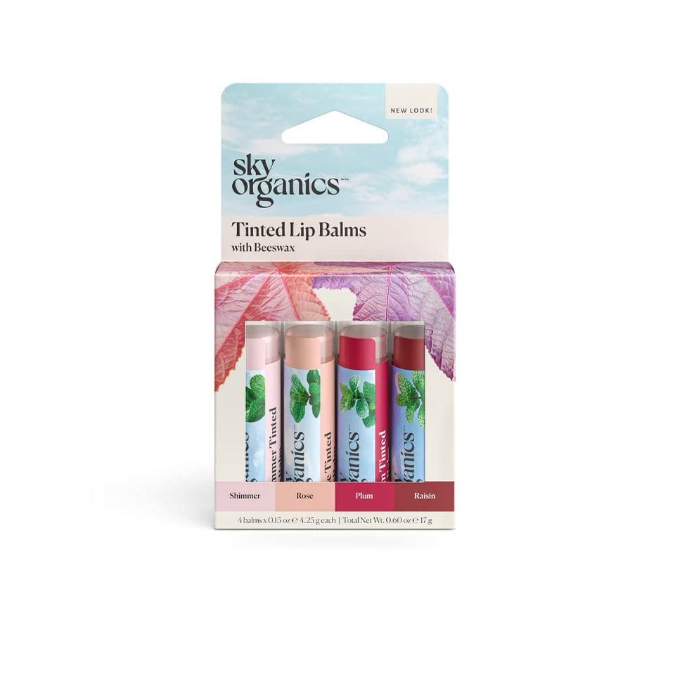 Sky Organics front packaging showing four tinted lip balms and benefits
