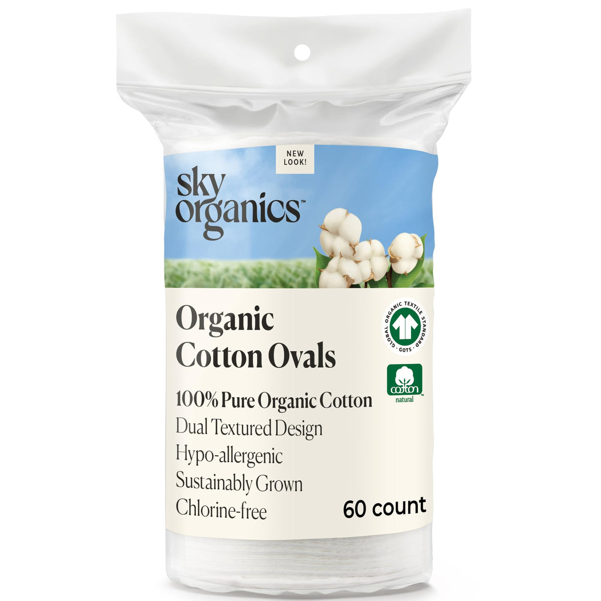 Sky Organics front packaging showing large organic cotton pads and brand trust