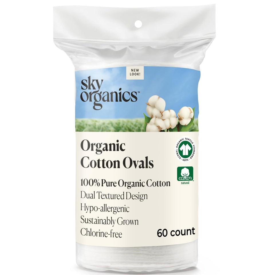 Sky Organics front packaging showing large organic cotton pads and brand trust