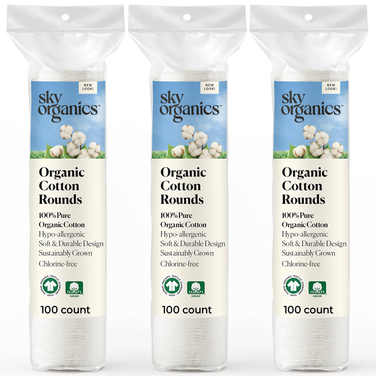 Sky Organics front packaging showing 300-count and GOTS certification, offering eco-friendly value