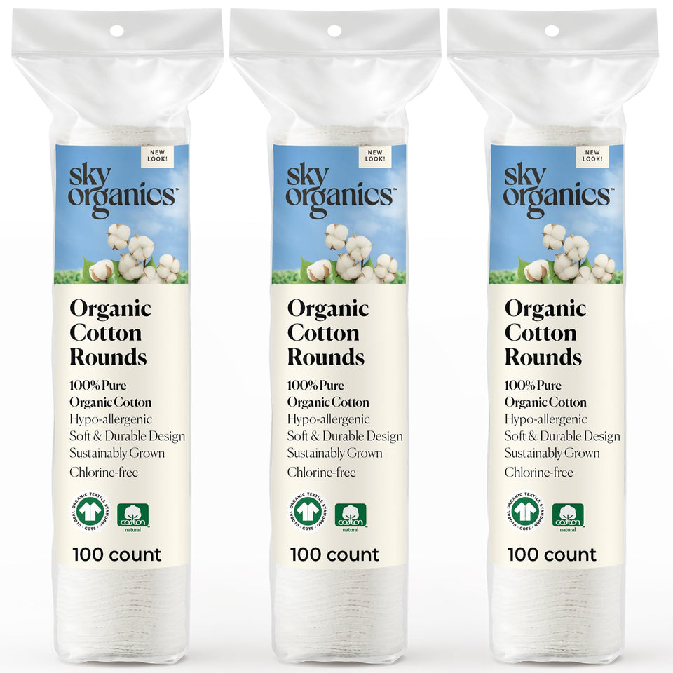 Sky Organics front packaging showing 300-count and GOTS certification, offering eco-friendly value