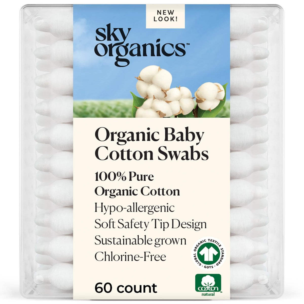 Sky Organics front packaging showing 60-count baby cotton swabs and clear product labeling for gentle care