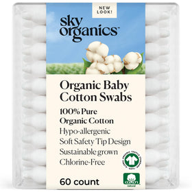 Sky Organics front packaging showing 60-count baby cotton swabs and clear product labeling for gentle care