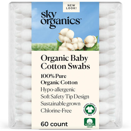 Sky Organics front packaging showing 60-count baby cotton swabs and clear product labeling for gentle care