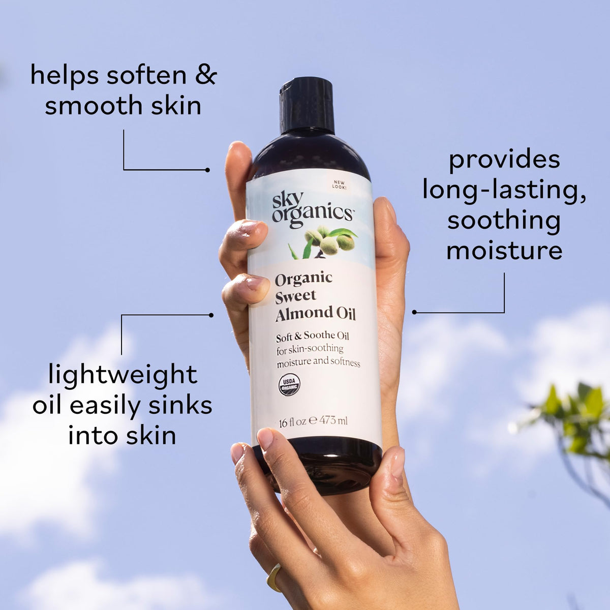Sky Organics on skin application image showing quick absorption and a non-greasy finish