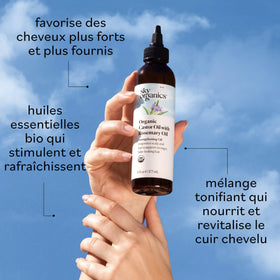 Sky Organics oil pour close-up showing viscous texture and easy application benefit