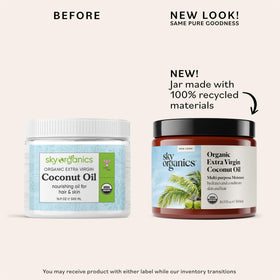 Sky Organics pouring melted oil from jar demonstrating easy application and hydration