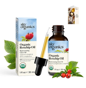 Sky Organics dropper dispensing rosehip oil highlighting precise application and control