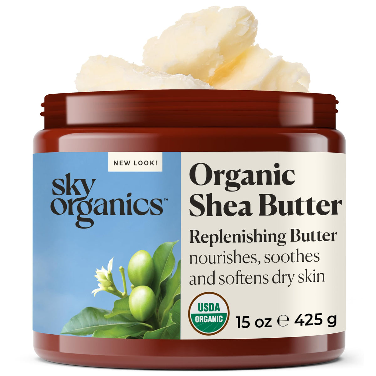 Sky Organics jar front view showing solid shea butter and clean packaging benefits