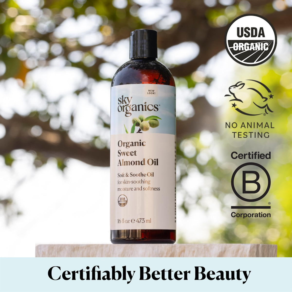 Sky Organics size and compare image illustrating the generous 16 fl oz bottle for value
