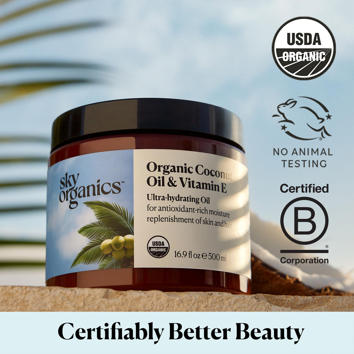 Sky Organics bottle beside measuring scale showing 16.9 fl oz value