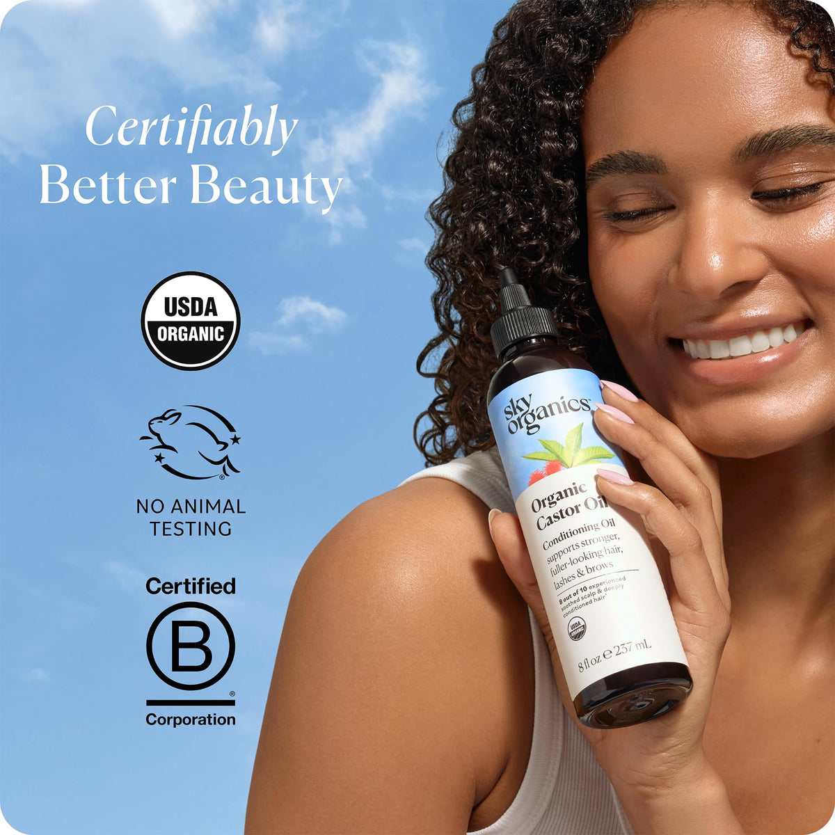 Sky Organics 8oz bottle held in hand to show true size and scale