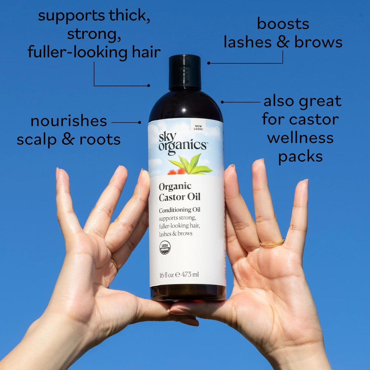 Sky Organics 16oz bottle next to common objects for size clarity