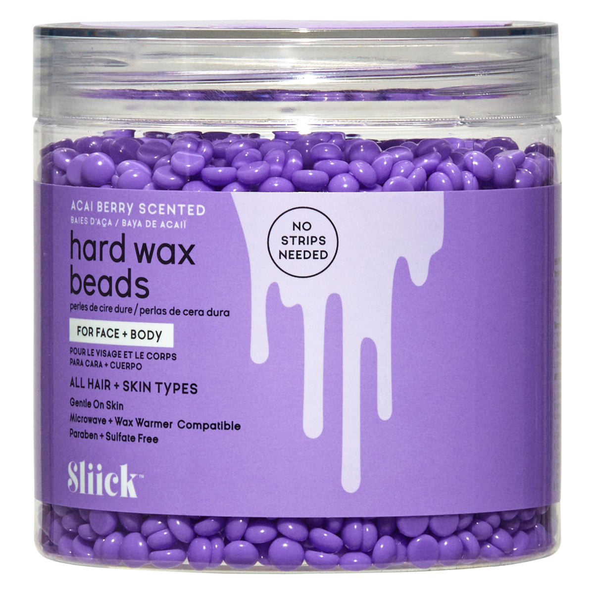 Sliick front packaging showing acai berry hard wax beads, clear benefit: salon-grade at-home waxing