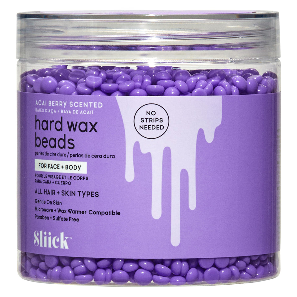 Sliick front packaging showing acai berry hard wax beads, clear benefit: salon-grade at-home waxing
