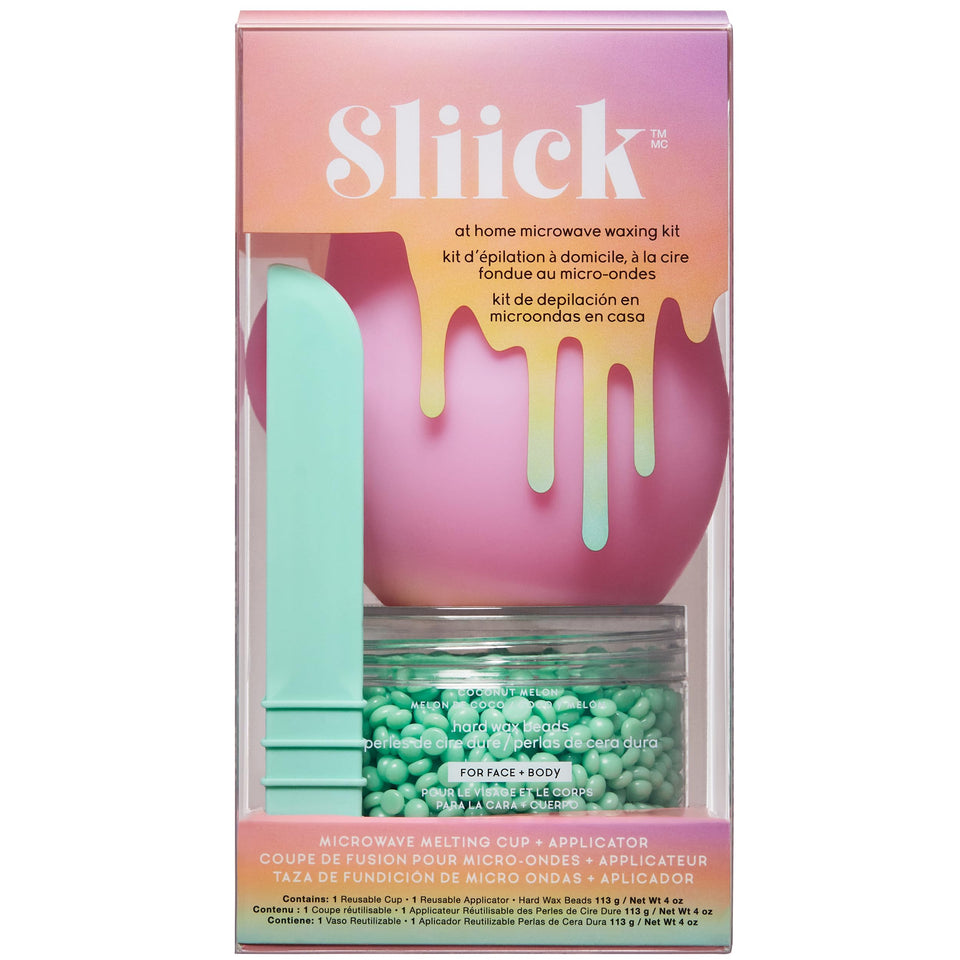 Sliick front packaging showing coconut-melon scent and kit contents for easy home waxing