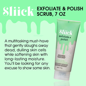 Sliick scrub in hand being applied to skin for gentle exfoliation benefit
