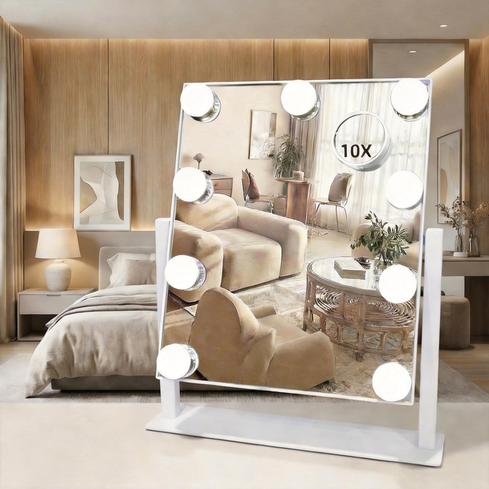 SLIMOON front view of Hollywood mirror showing bright even lighting benefit
