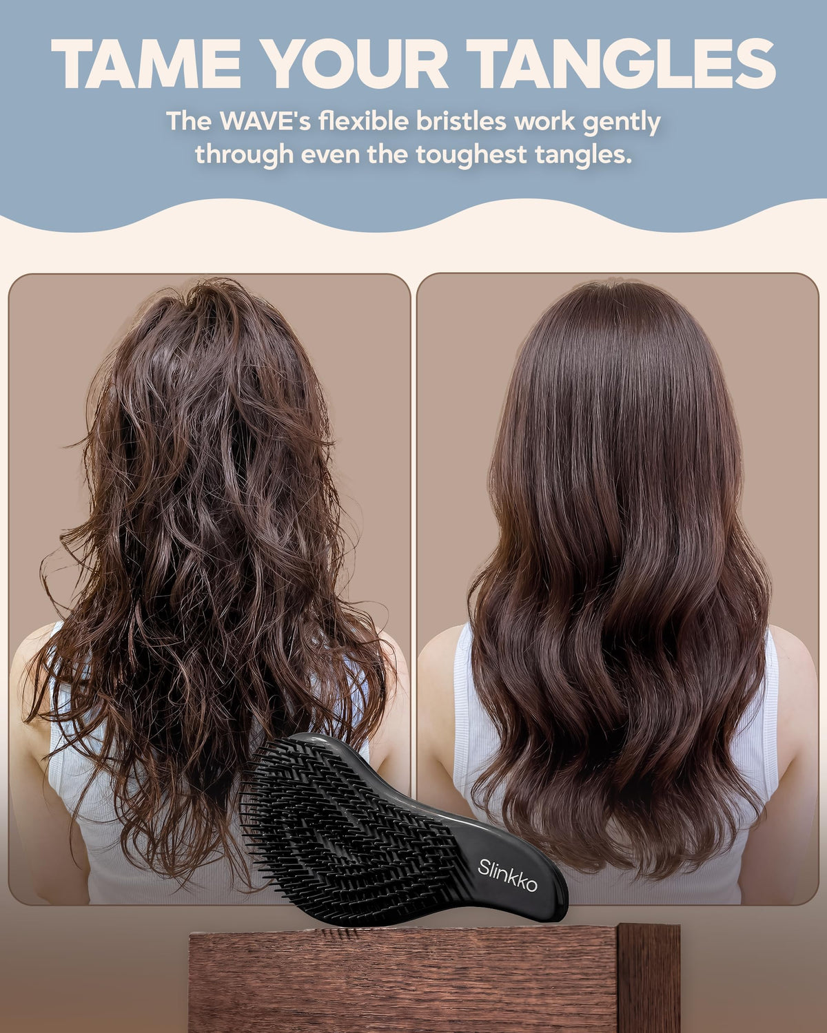 Close-up of Slinkko wave bristles highlighting flexible tips that reduce tugging