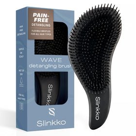 Slinkko detangler front view showing shape and matte finish, easy storage benefit