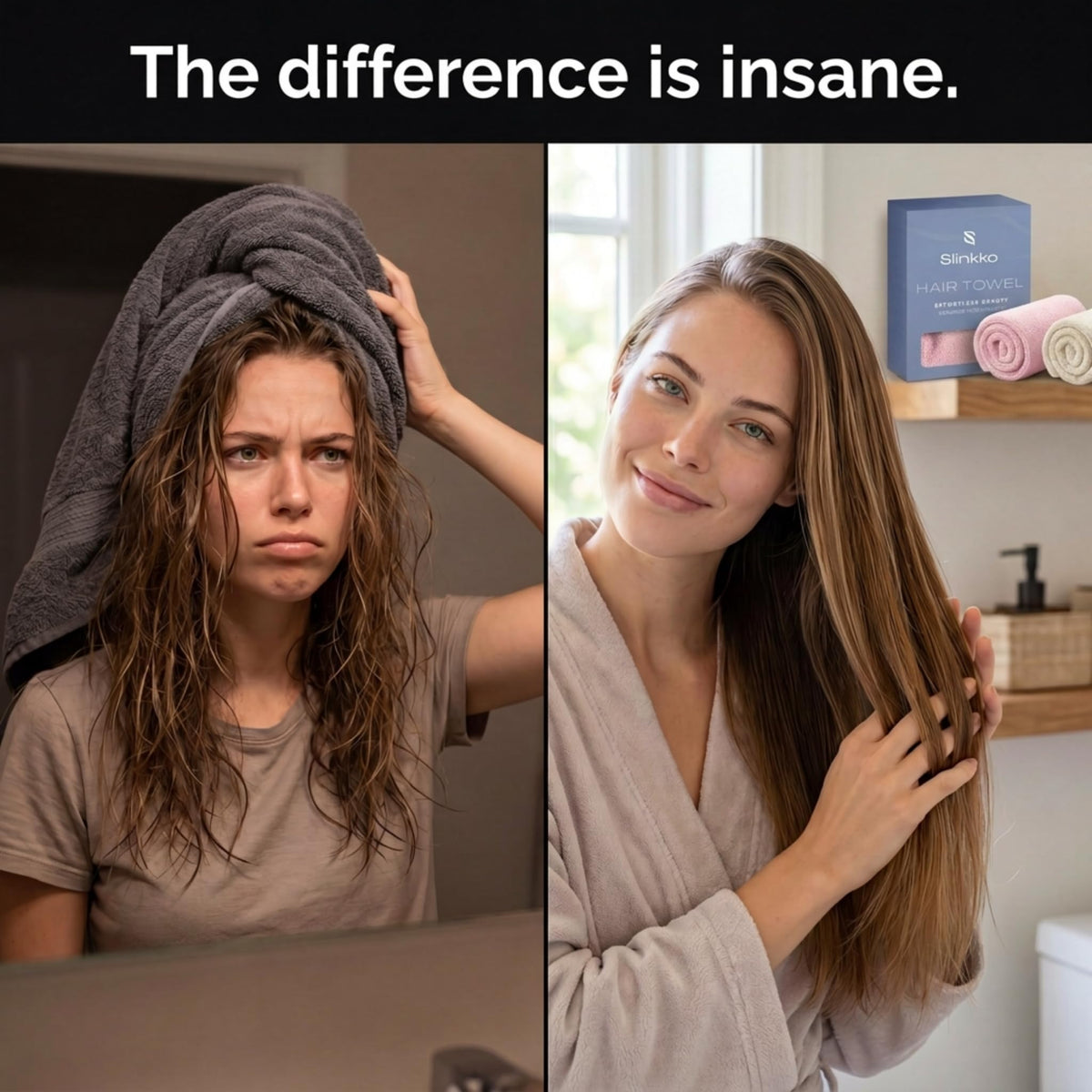 Slinkko towel on bathroom vanity for convenient daily routine benefit