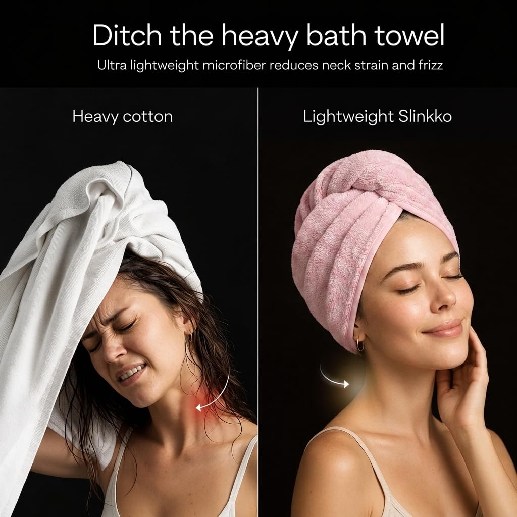 Slinkko turban worn on wet hair demonstrating frizz reduction benefit