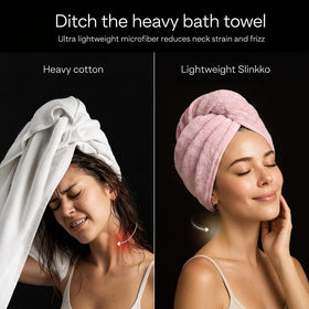 Slinkko turban worn on wet hair demonstrating frizz reduction benefit