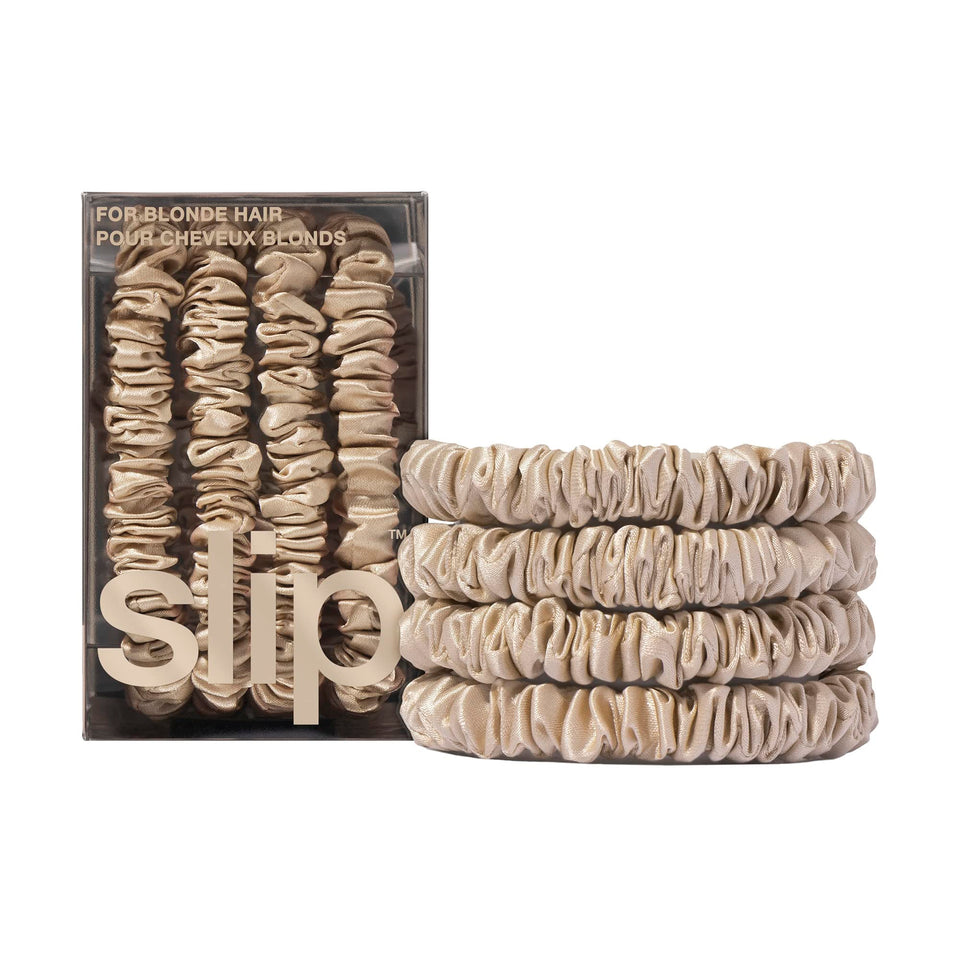 SLIP front packaging showing four blonde silk scrunchies, elegant storage benefit