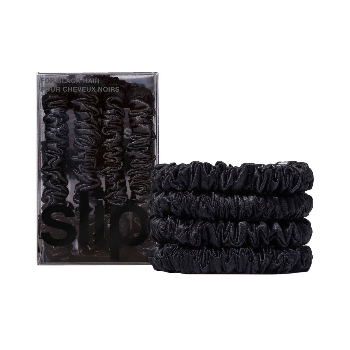 Slip silk scrunchie front view showing sleek black finish and luxury look