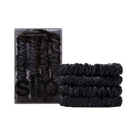 Slip silk scrunchie front view showing sleek black finish and luxury look