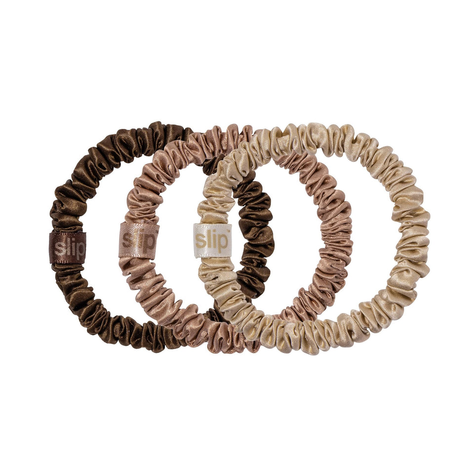 SLIP front view of three slipsilk skinny scrunchies showing colors and sleek finish benefit protects hair
