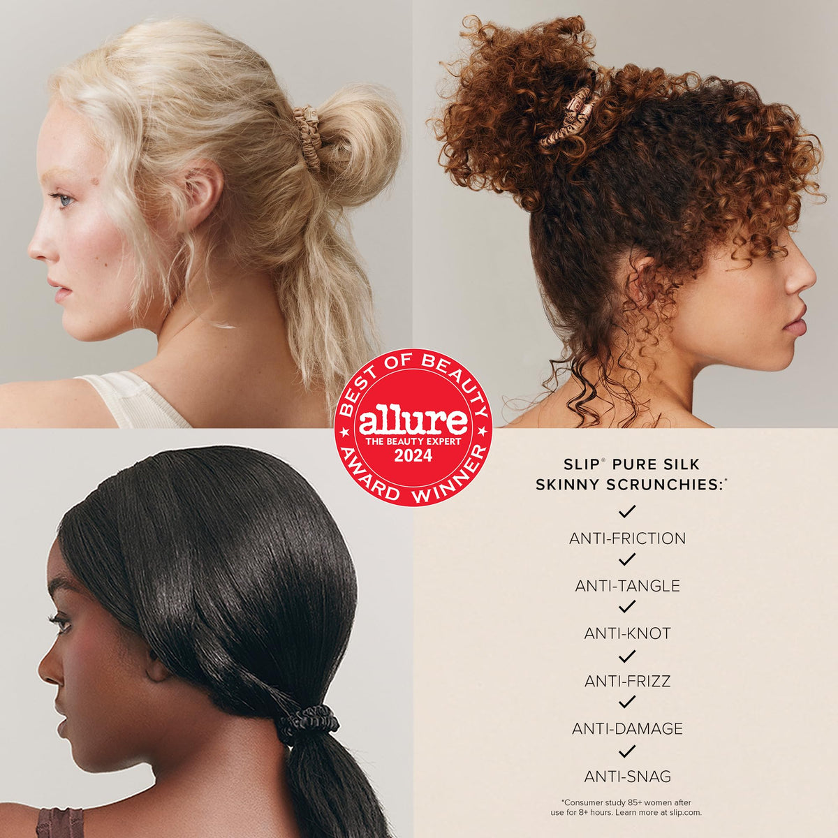 SLIP skinny scrunchie securing a low ponytail demonstrating gentle hold and no creasing