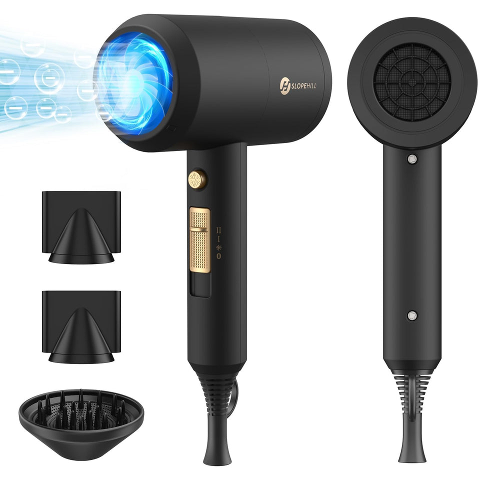 slopehill front view of black hair dryer showing sleek body and ergonomic grip for easy handling