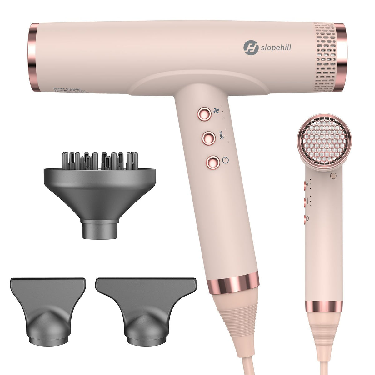 slopehill hair dryer front view showing sleek pink body and ergonomic handle for easy grip