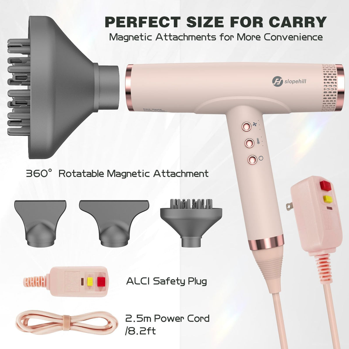 slopehill hair dryer held in hand to show compact size and lightweight portability