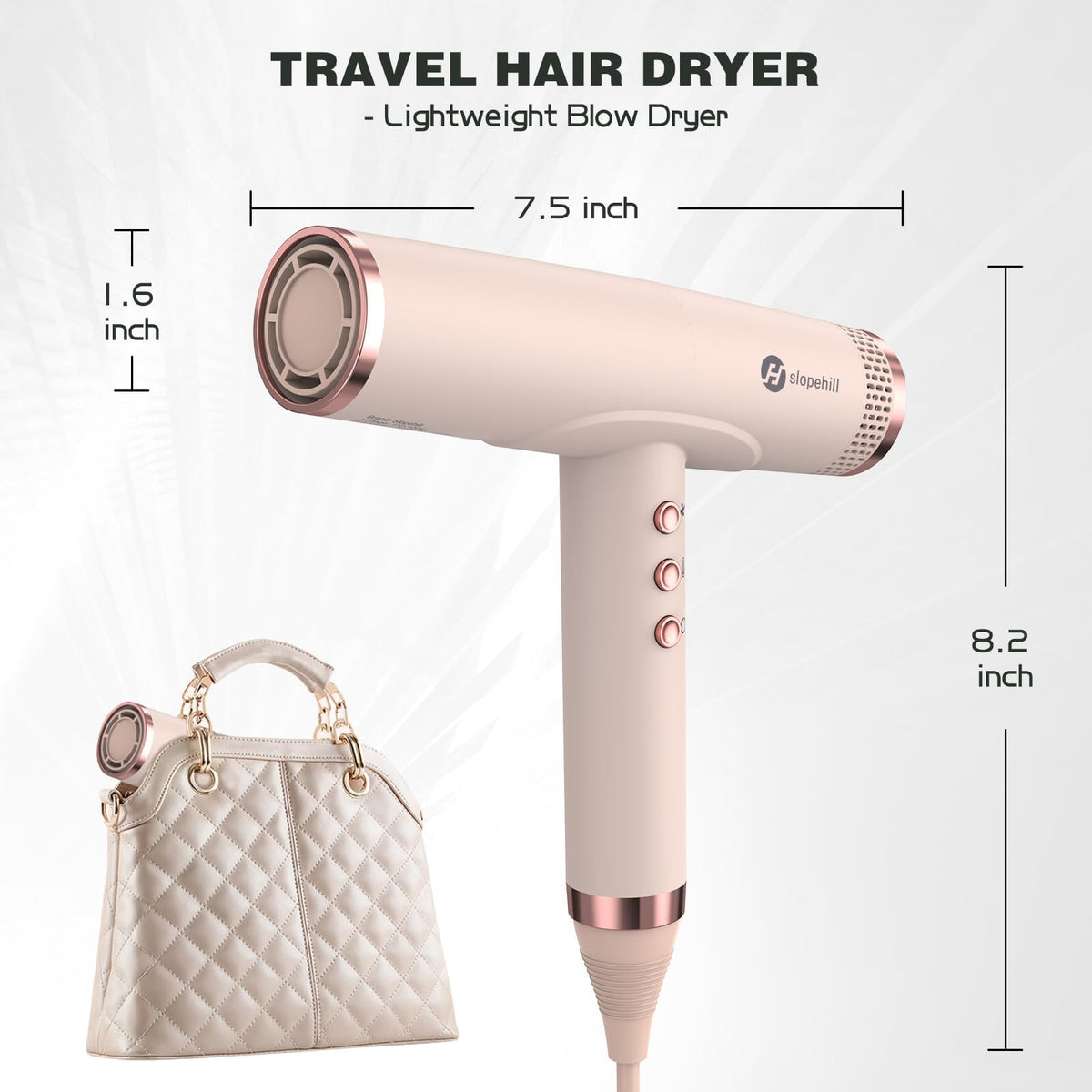 slopehill hair dryer packed with travel pouch in a suitcase for convenient travel use