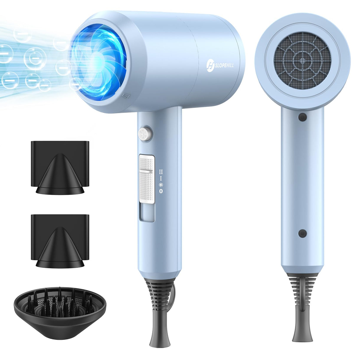 slopehill matte blue front view showing compact professional dryer and powerful airflow