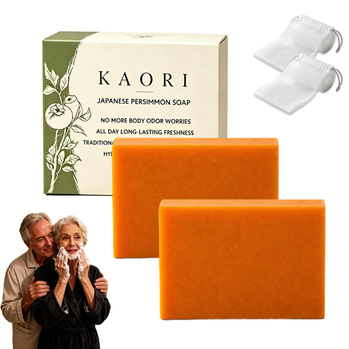 Slumberlee packaging showing two persimmon soap bars and tidy box, fresh scent benefit